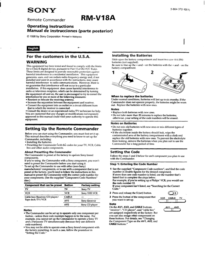 Sony Remote Commander RM-V18A operating instructions