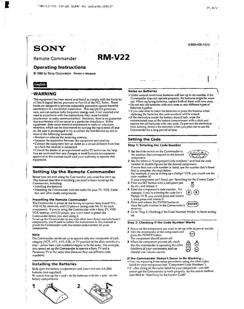 Sony Remote Commander RM-V22 operating instructions