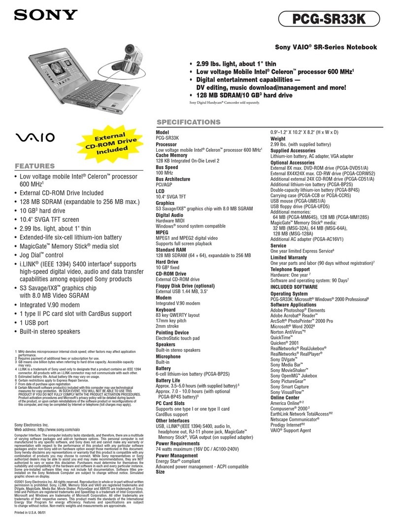 Sony PCG-SR33K VAIO User manual Sony PCG-SR33K VAIO User manual