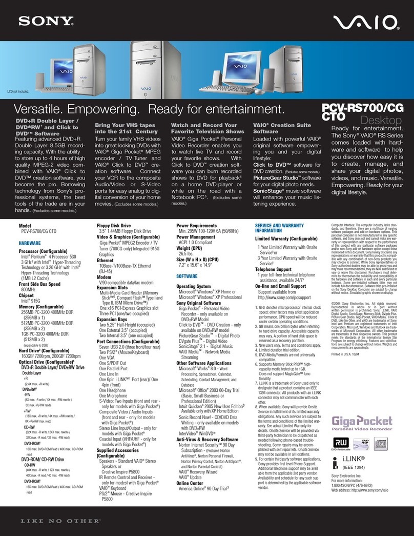 Sony PCV-RS700CG - Vaio Desktop Computer Specifications