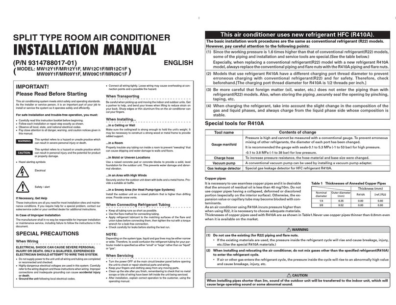 Friedrich MR09C1F installation manual