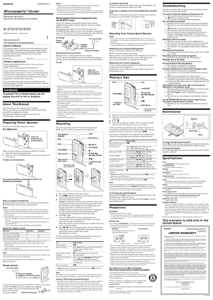 Sony M670V - M Microcassette Dictaphone User manual