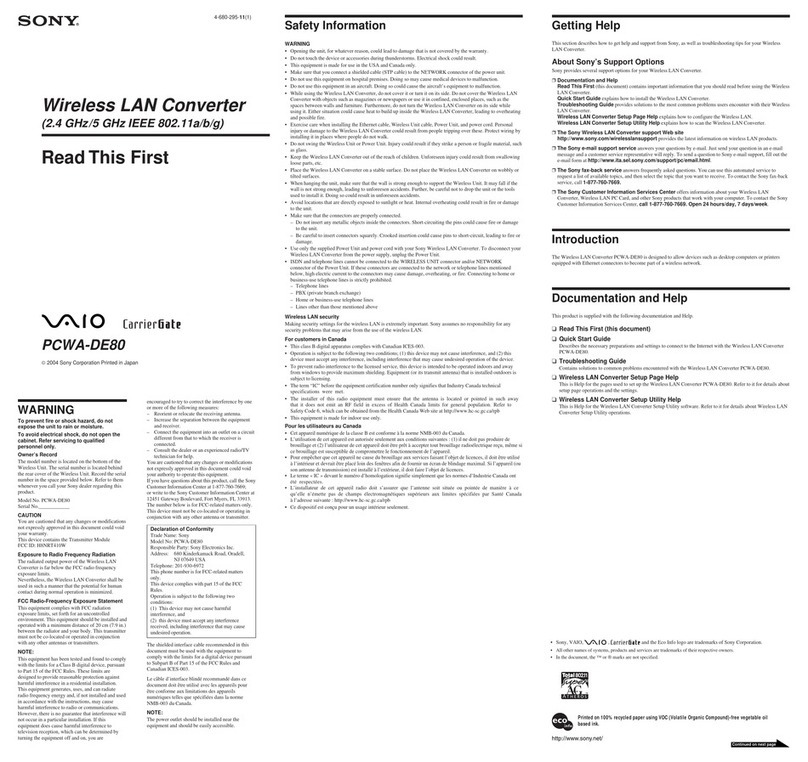 Sony PCWA-DE80 Read This First Read this first