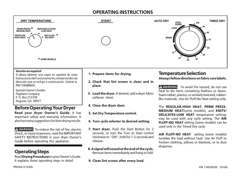 Frigidaire GLEQ221AS2 operating instructions