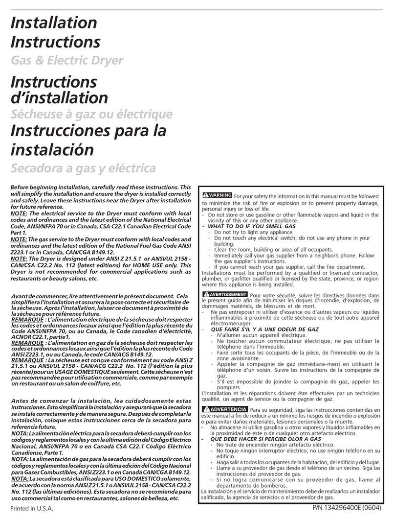 Frigidaire GLER341CDC0 installation instructions