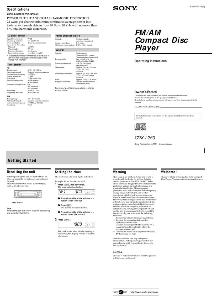 Sony CDX-L250 - Fm/am Compact Disc Player User manual