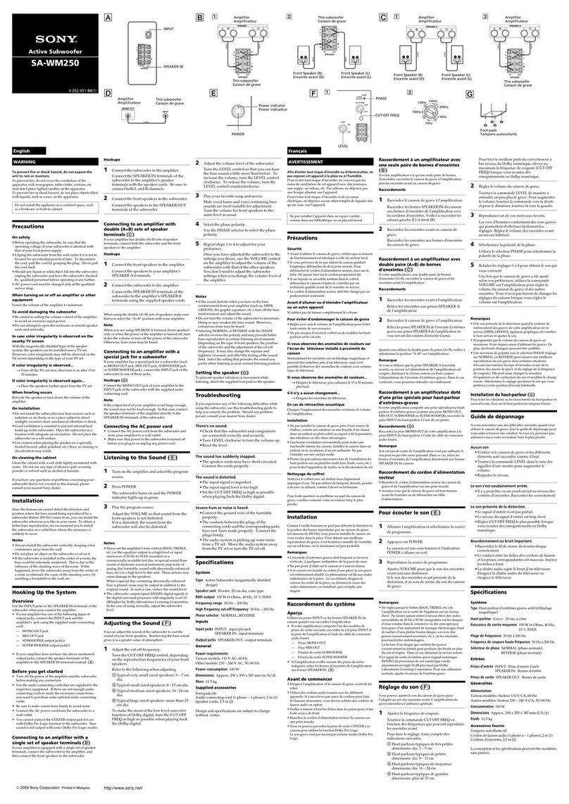 Sony SA WM250 - Subwoofer - 100 Watt instruction & operation manual