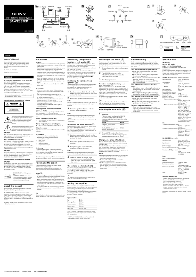 Sony SA-VE835ED Installation instructions manual