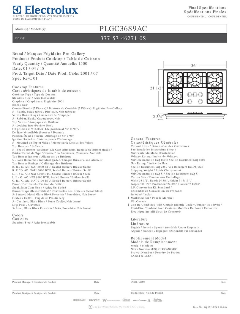 Frigidaire PLGC36S9AC Specifications
