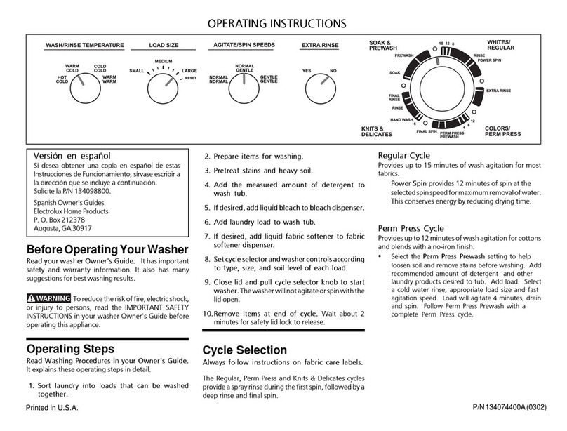 Frigidaire GLWS1649AS1 operating instructions