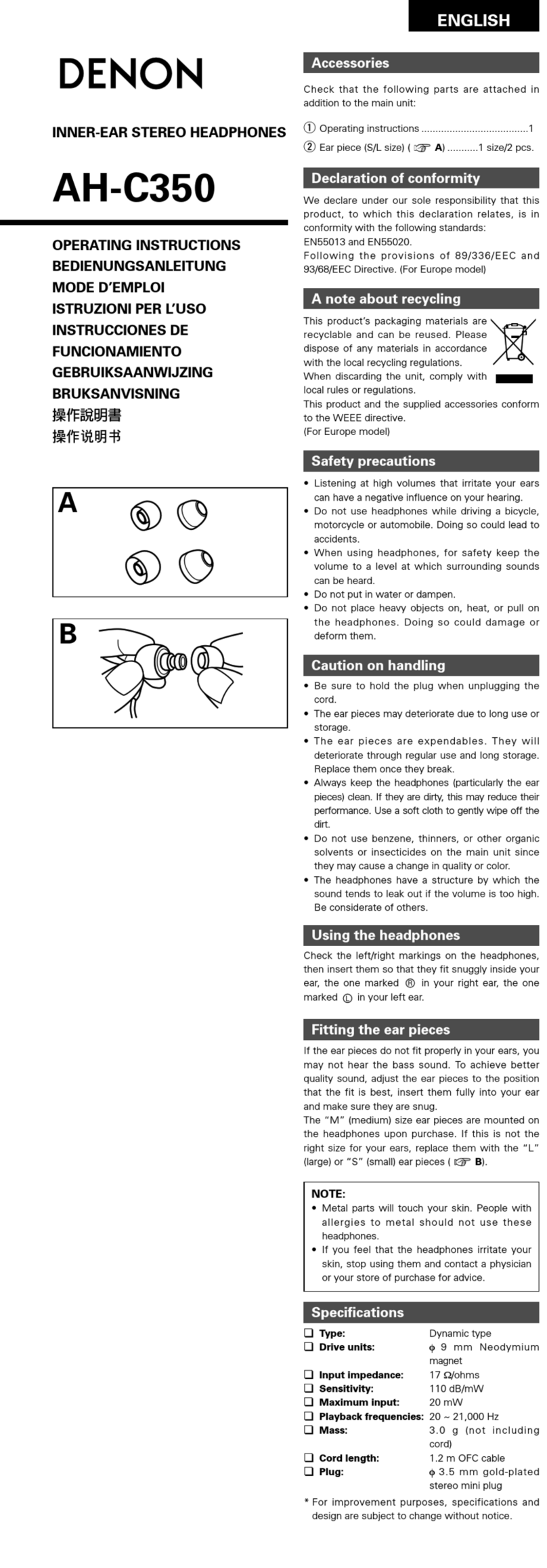 Denon AH-C350 operating instructions
