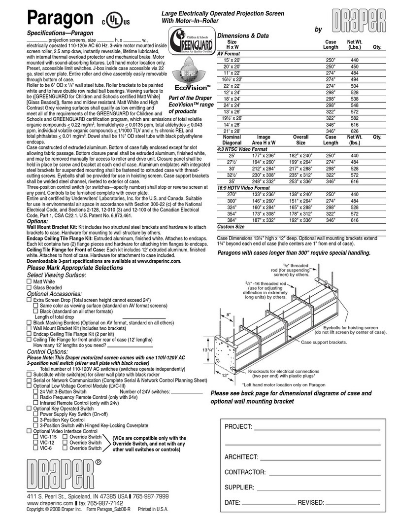 Draper Paragon Large Electrically Operated Projection... Specifications Draper Paragon Large Electrically Operated Projection... Specifications