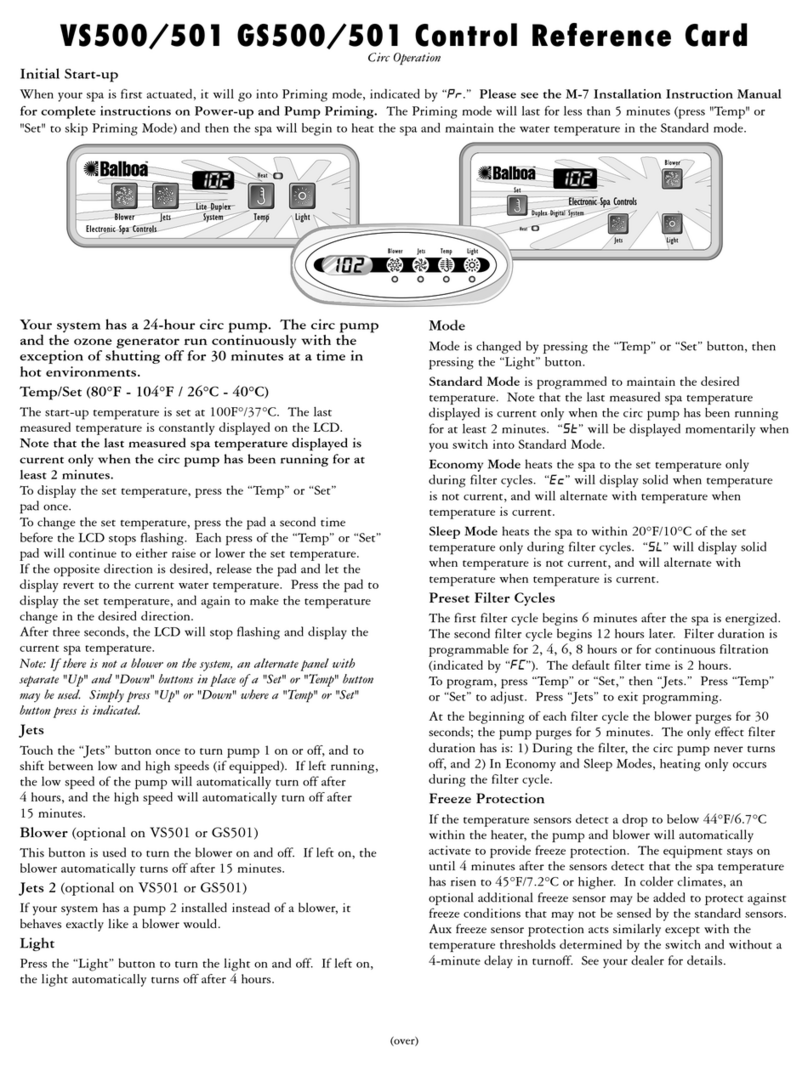 Balboa GS500 Control Reference Card