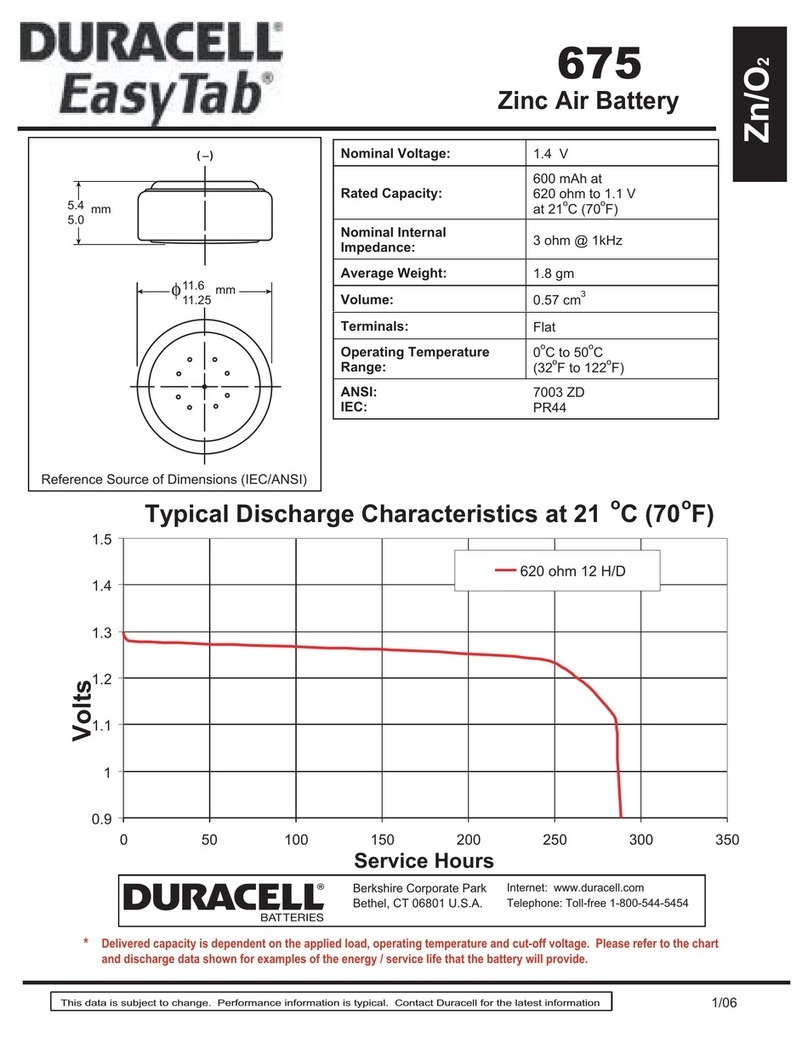 Duracell Zinc Air Battery 675 Specification sheet