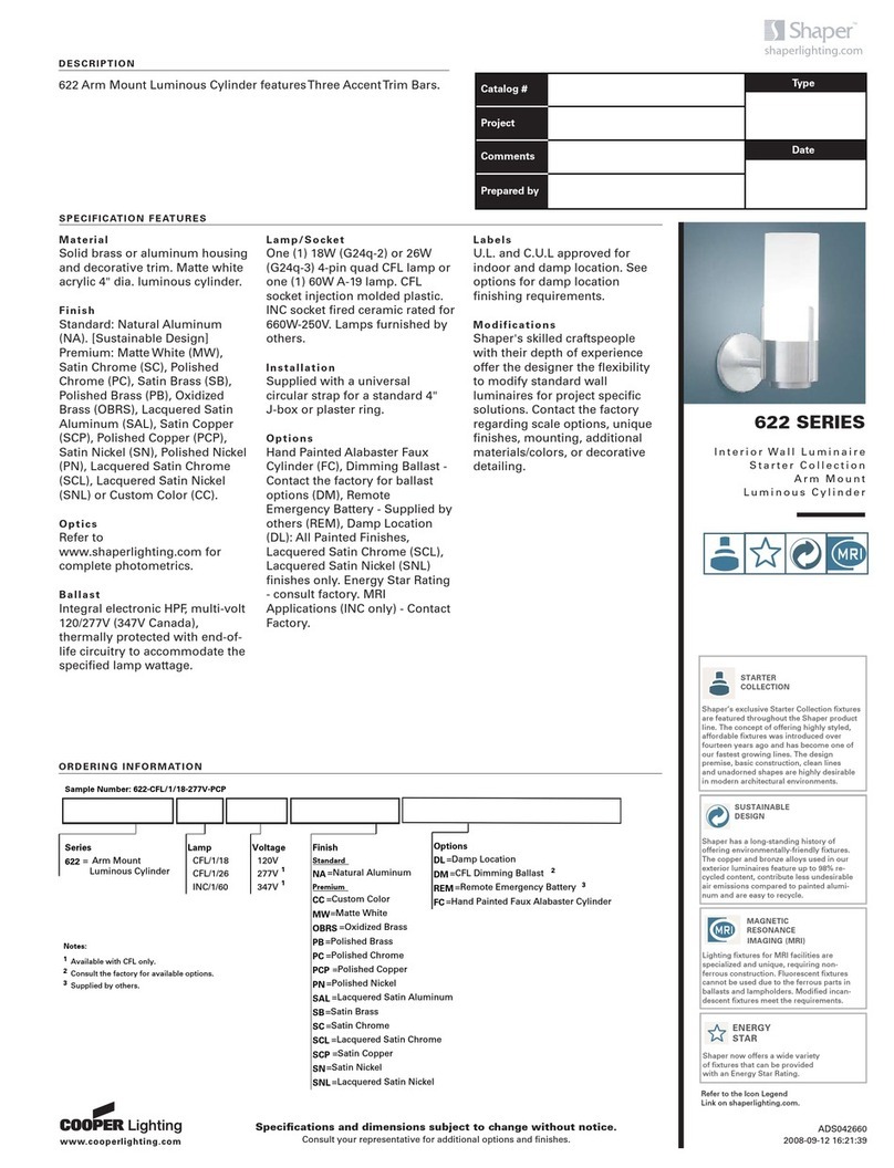 Cooper Lighting Interior Wall Luminaire 622 User manual Cooper Lighting Interior Wall Luminaire 622 User manual