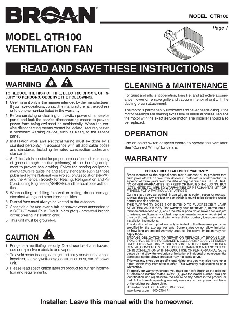 Broan VENTILLATION FAN QTR100 User manual