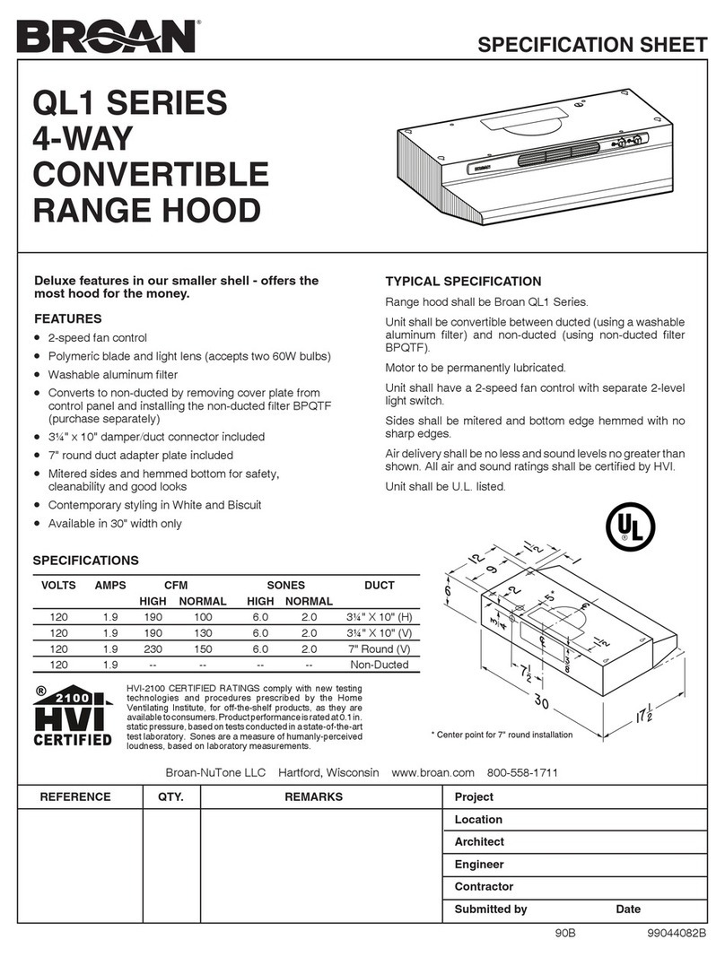 Broan 4-Way Convertible Range Hood QL1 Series Specification sheet