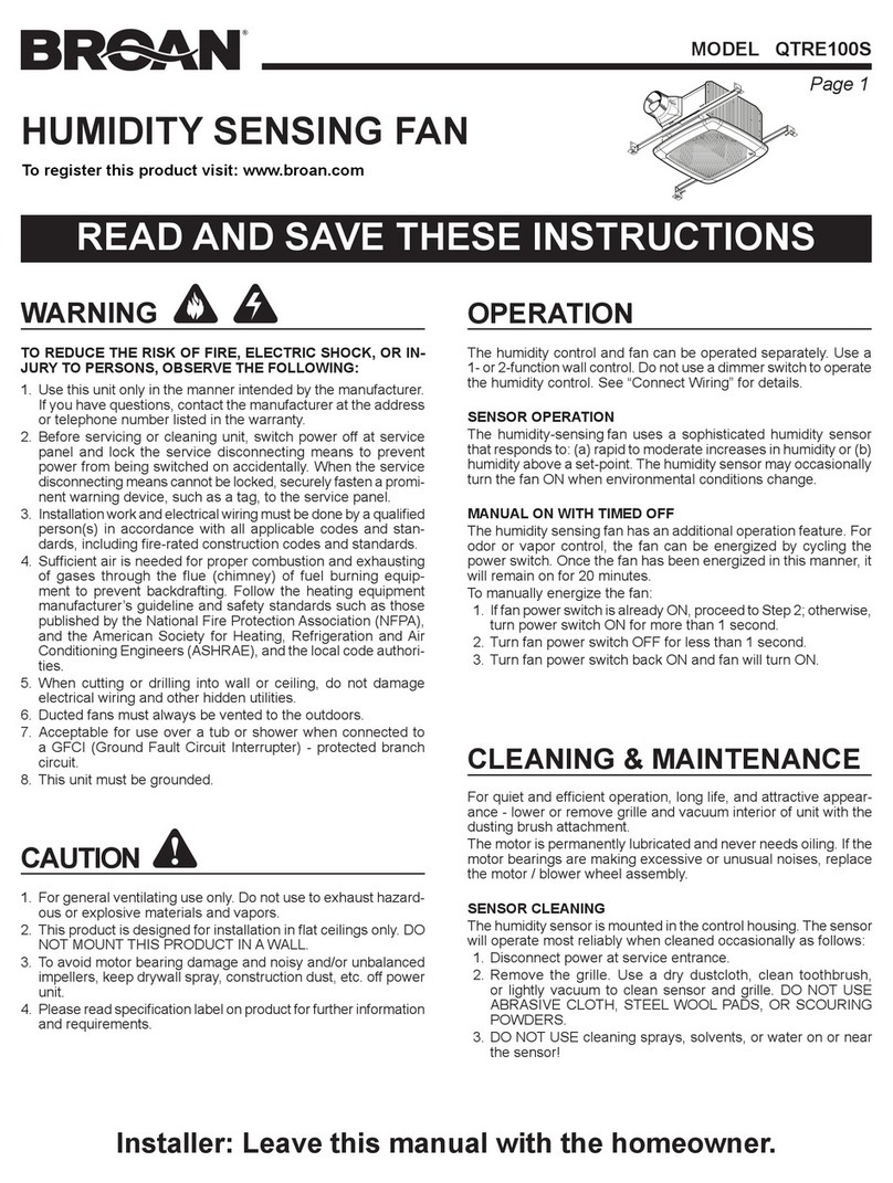 Broan HUMIDITY SENSING FAN QTRE100S User manual