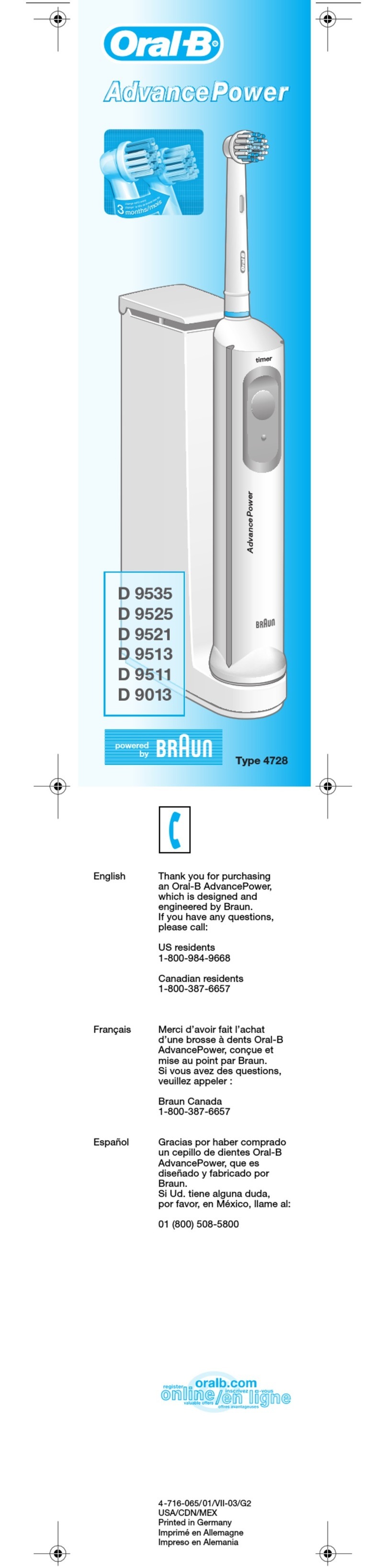 Braun Oral-B Advance Power D 9521 owner's manual