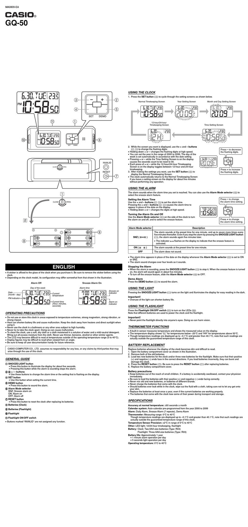 Casio Clock GQ-50 User manual