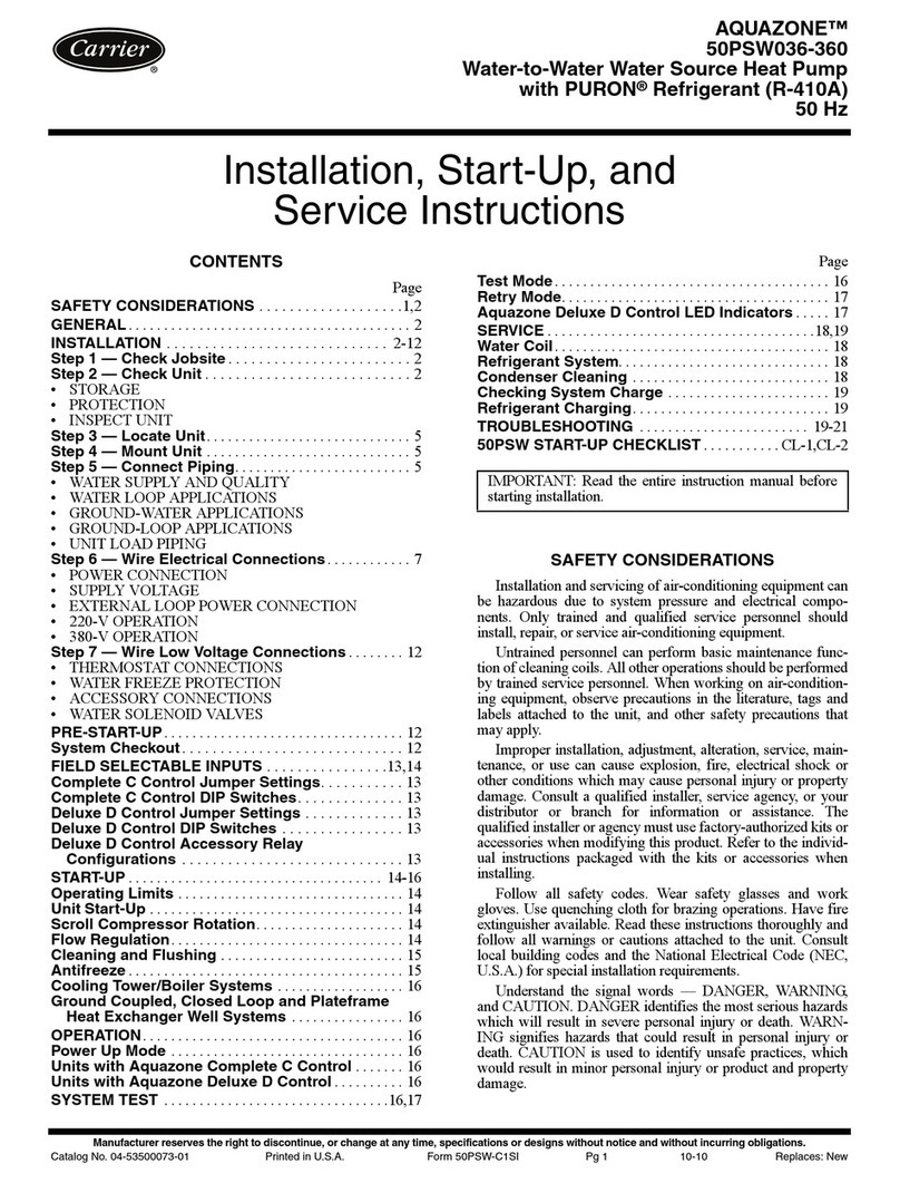 Carrier AQUAZONE 50PSW036-360 Installation and service instructions