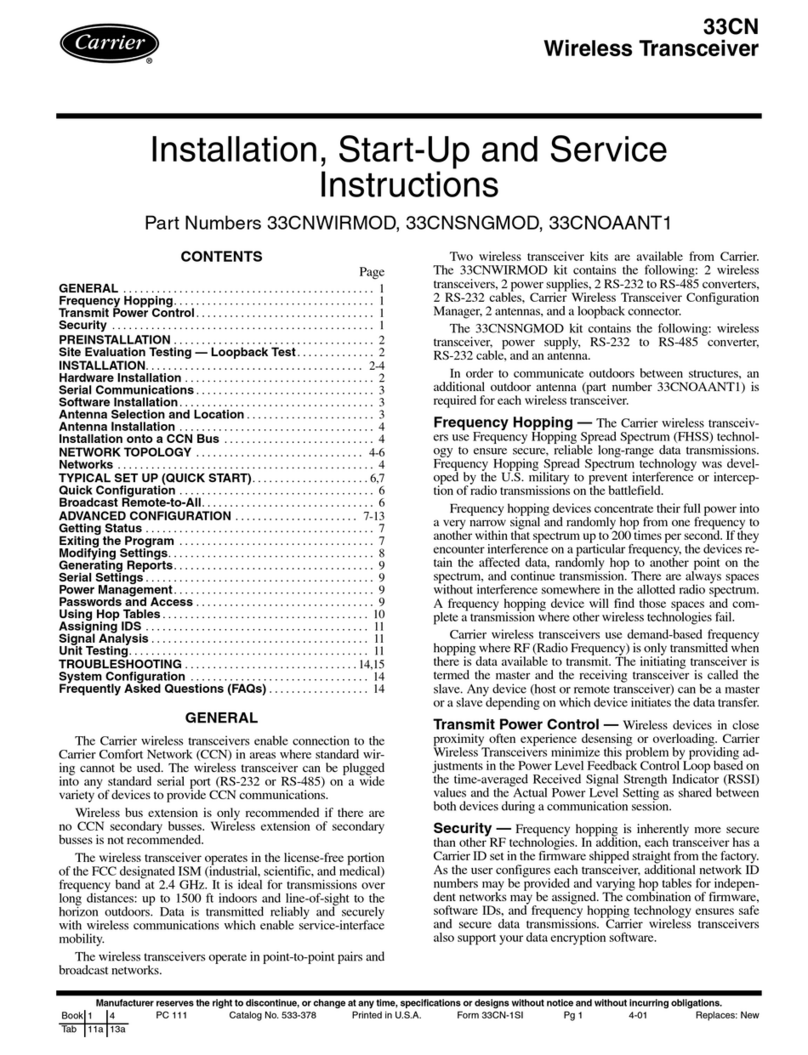 Carrier WIRELESS TRANSCEIVER 33CNOAANT1 Installation and service instructions