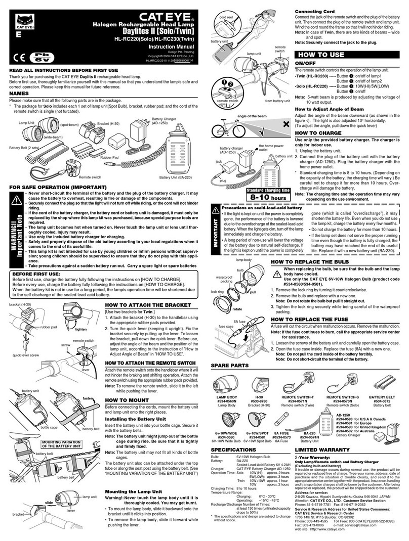 Cateye Daylites II Solo HL-RC220 instruction manual