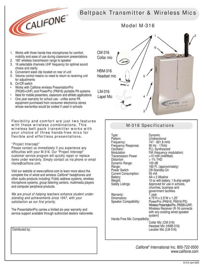 Califone Beltpack Transmitter & Wireless Mics M-316 User manual