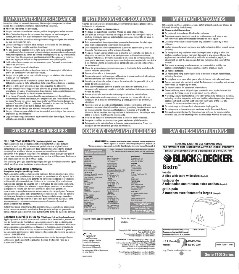 Black & Decker Bistro T100 Series Installation instructions