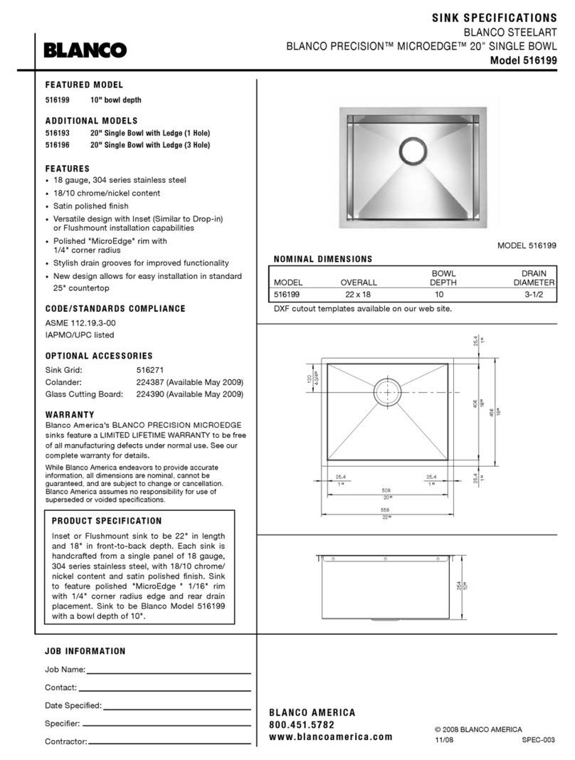 Blanco Precision Microedge 20" Single Bowl 516199 Specifications Blanco Precision Microedge 20" Single Bowl 516199 Specifications