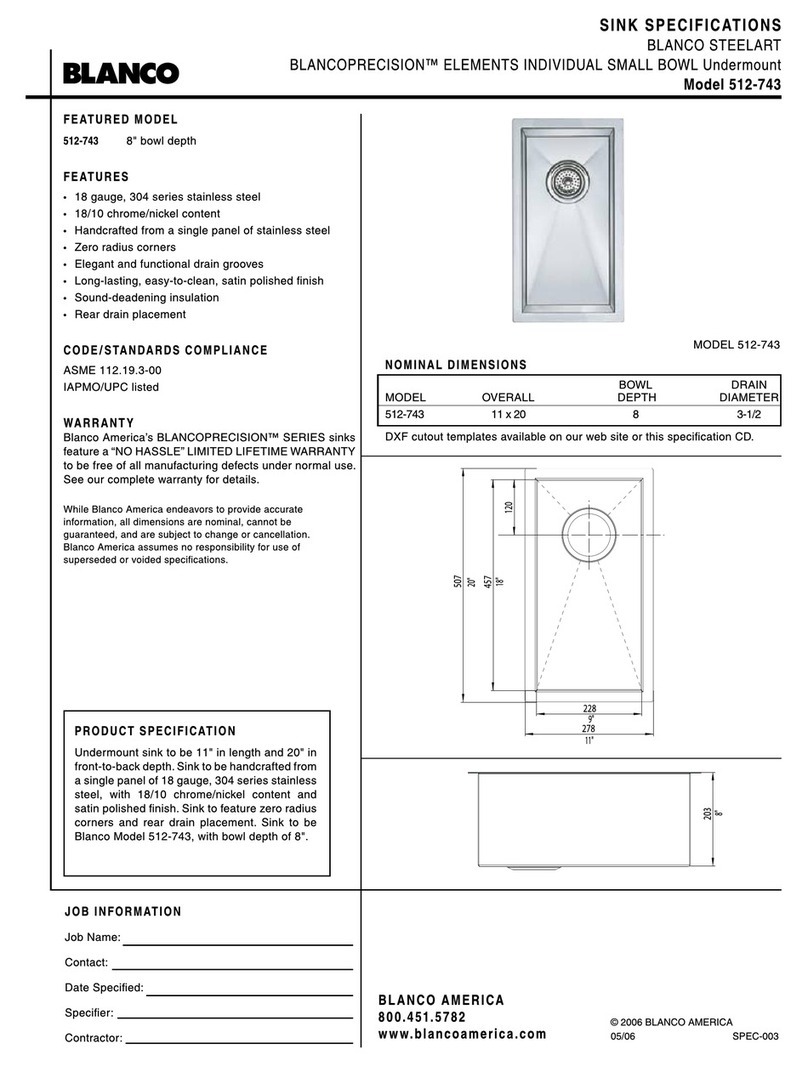 Blanco Element Individual Small Bowl Undermount... Specifications