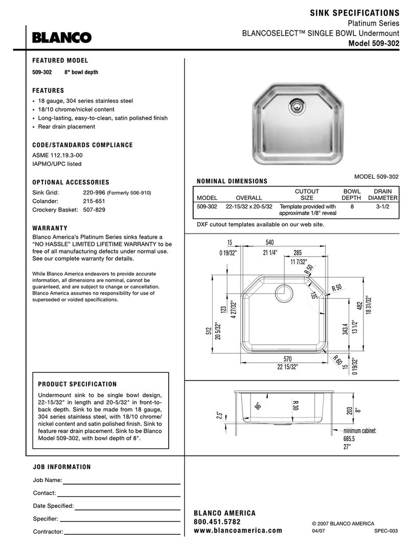Blanco BlancoSelect 509-302 Specification sheet Blanco BlancoSelect 509-302 Specification sheet