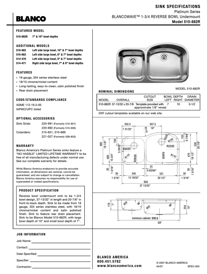 Blanco 1-3/4 Reverse Bowl Undermount 510-882R Specifications