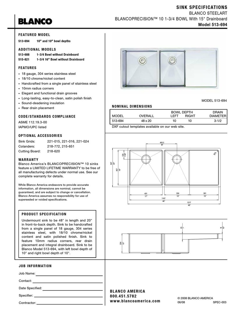 Blanco 10 1-3/4 Bowl with 15' Drainboard 513-694 User manual