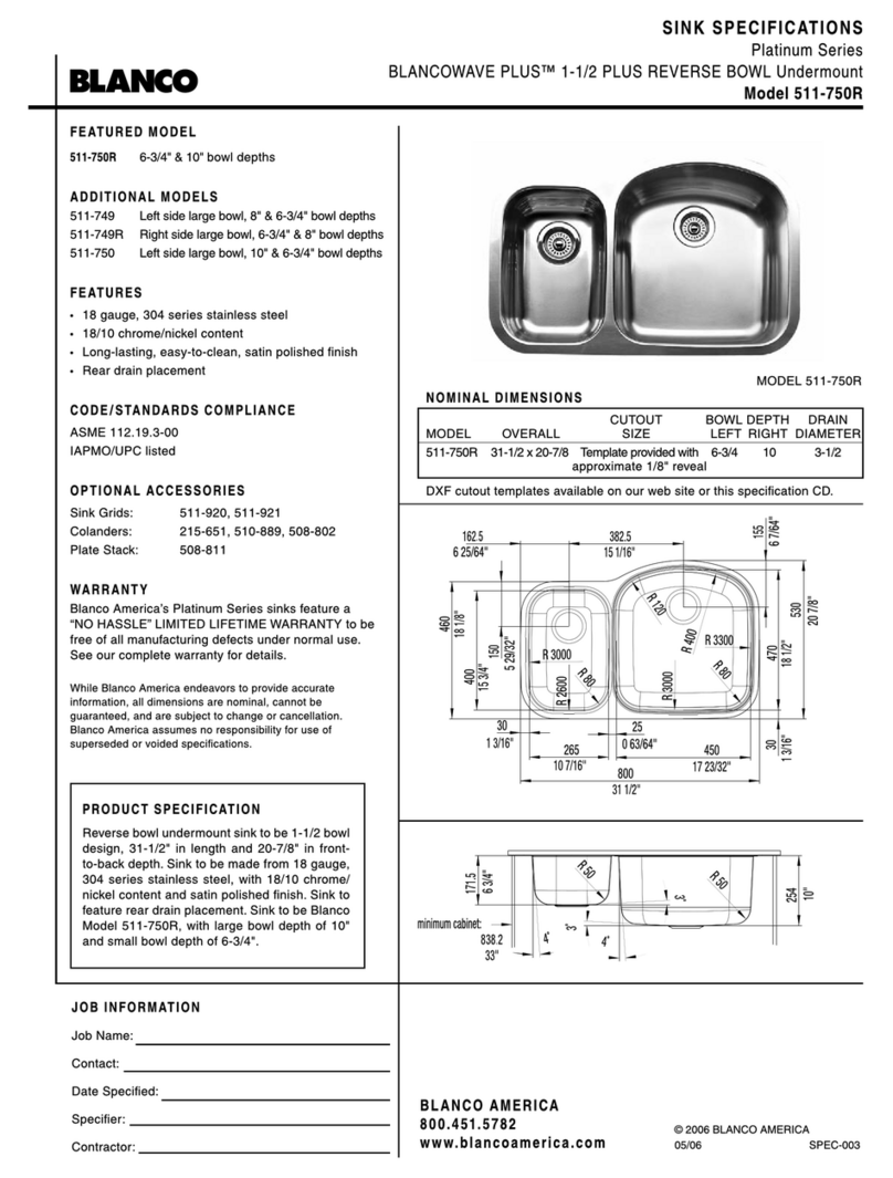 Blanco 1-1/2 Plus Reverse Bowl Undermount 511-750R User manual Blanco 1-1/2 Plus Reverse Bowl Undermount 511-750R User manual