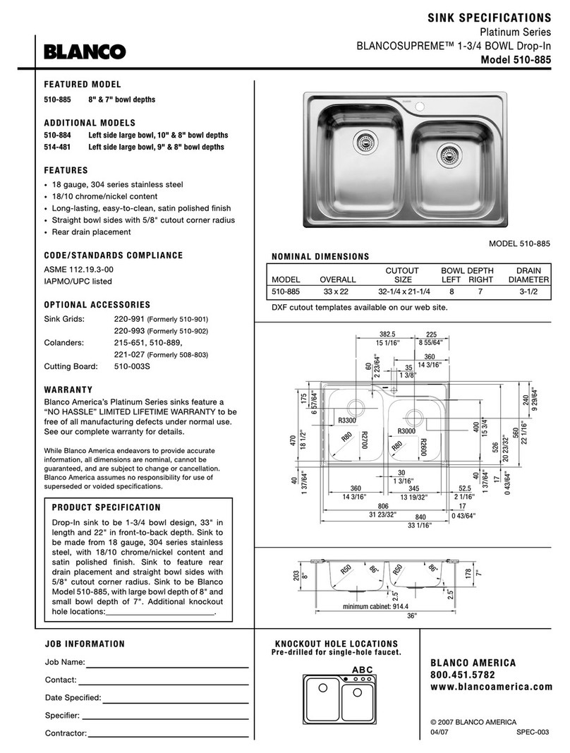 Blanco 1-3/4 Bowl Drop-In 510-885 User manual Blanco 1-3/4 Bowl Drop-In 510-885 User manual