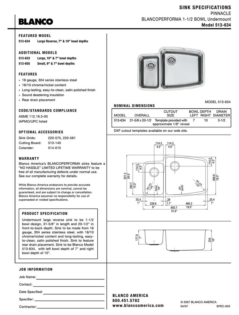 Blanco 1-1/2 Bowl Undermount 513-634 User manual Blanco 1-1/2 Bowl Undermount 513-634 User manual