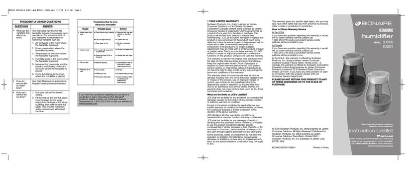 Bionaire BU5000 Instruction leaflet