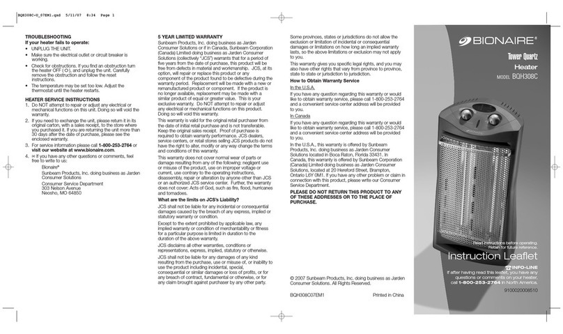 Bionaire BQH308C-U Instruction leaflet