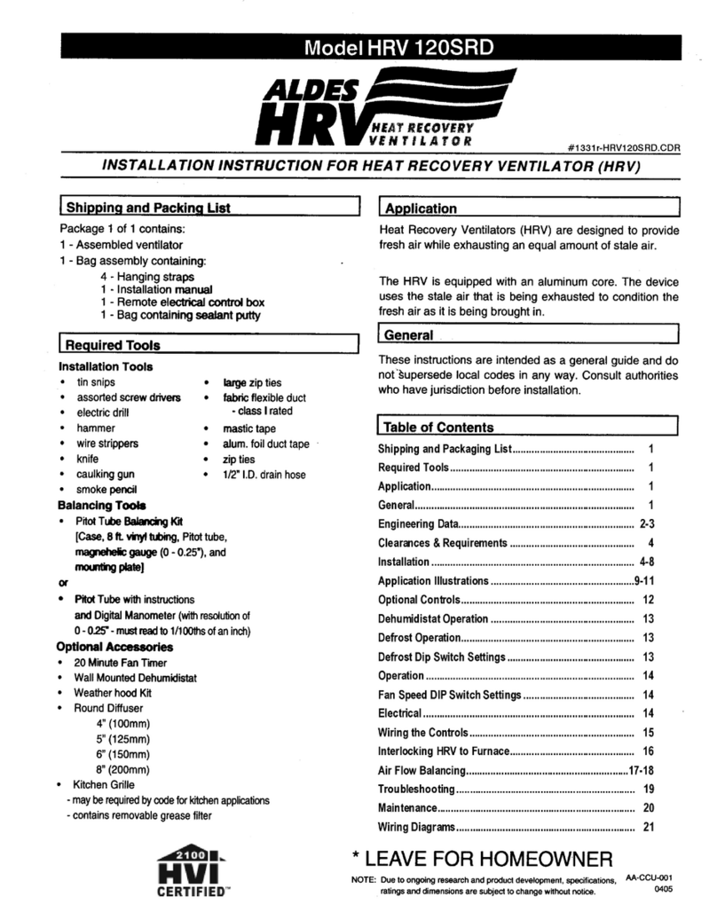 American Aldes Heat Recovery Ventilator HRV 120SRD installation instructions