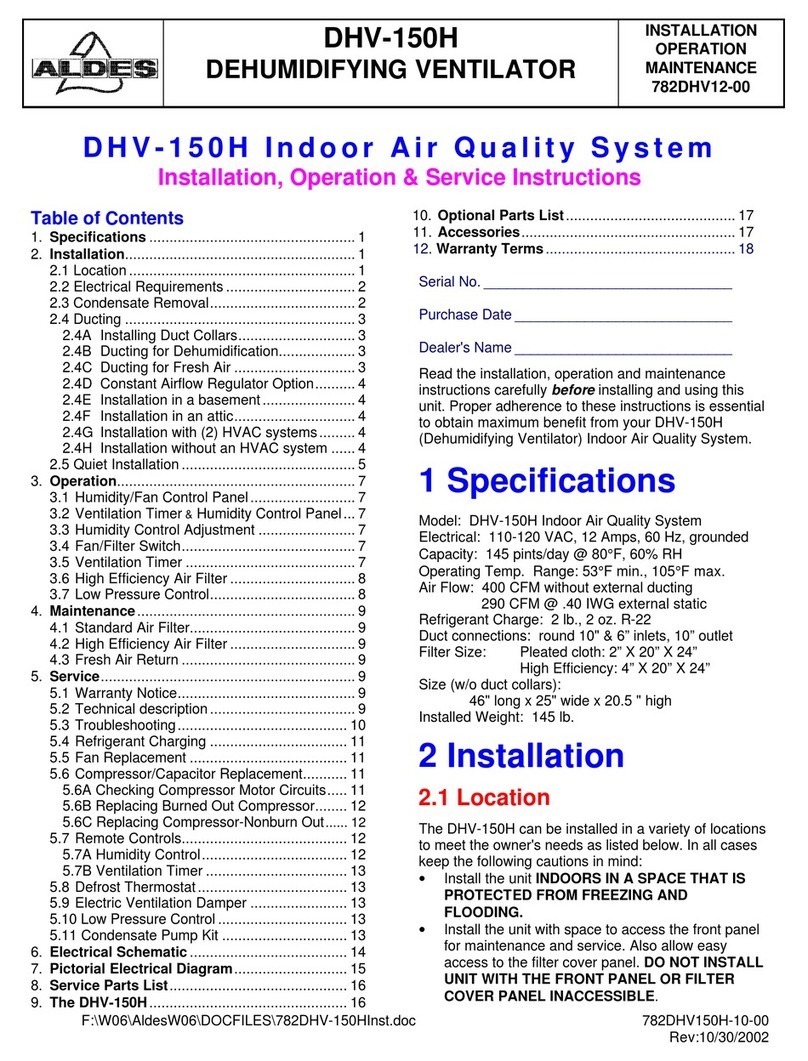American Aldes DHV-150H Installation, operation & service instructions American Aldes DHV-150H Installation, operation & service instructions