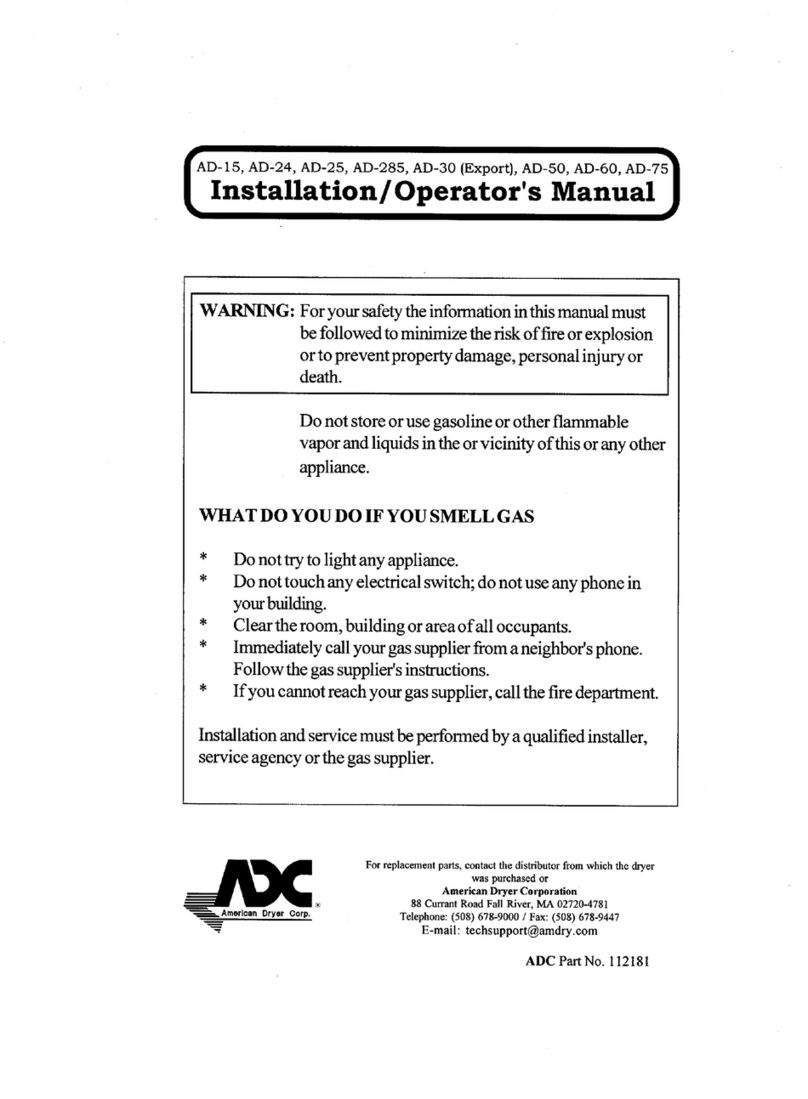 American Dryer Corp. AD-30 (Export) Installation & operator's manual