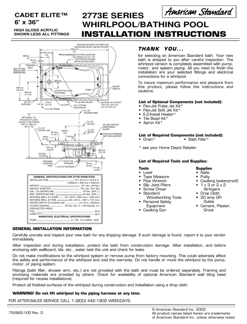 American Standard Cadet Elite 6' x 36 2773E Series User manual American Standard Cadet Elite 6' x 36 2773E Series User manual