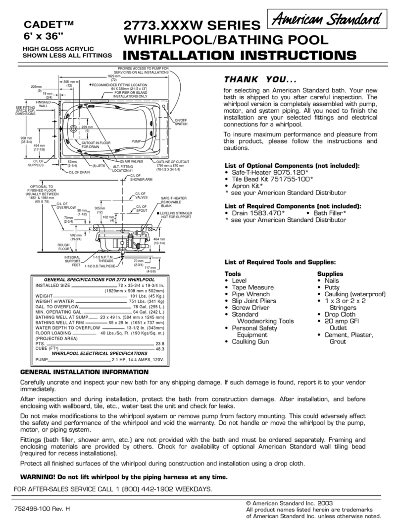 American Standard Cadet 2773.XXXW Series installation instructions