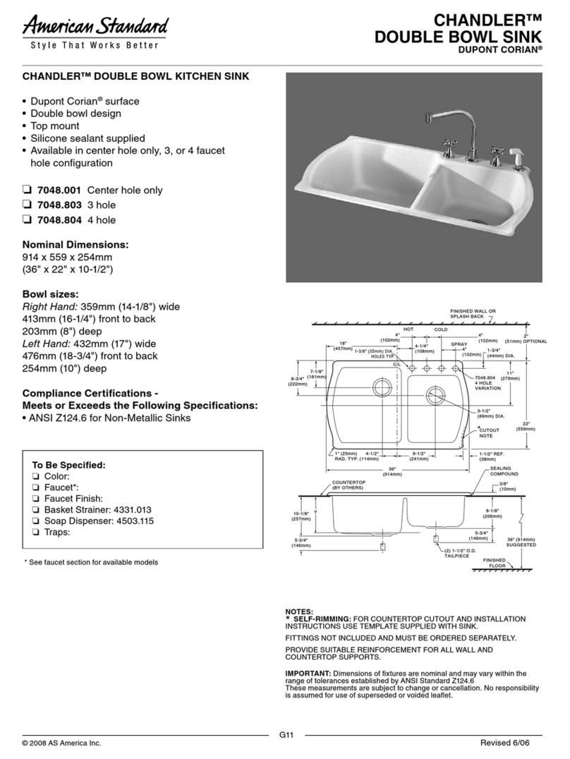 American Standard Chandler Double Bowl Sink 7048.001 Specification sheet American Standard Chandler Double Bowl Sink 7048.001 Specification sheet