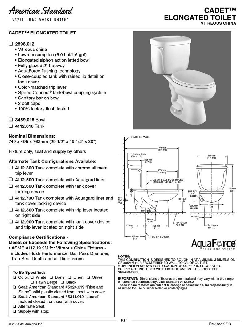 American Standard Cadet Elongated Toilet 2898.012 Operating and safety instructions