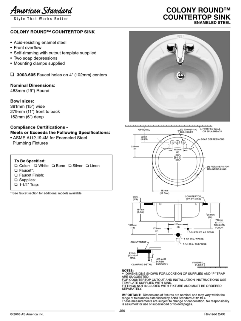 American Standard Colony Round Countertop Sink 3003.605 Specification sheet