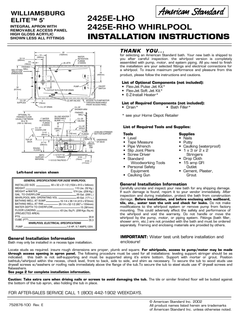 American Standard Williamsburg Elite 5' Integral Apron Whirlpool... User manual American Standard Williamsburg Elite 5' Integral Apron Whirlpool... User manual