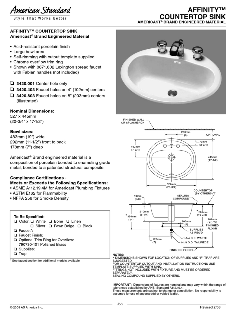 American Standard Affinity Countertop Sink 3420.001 Specification sheet