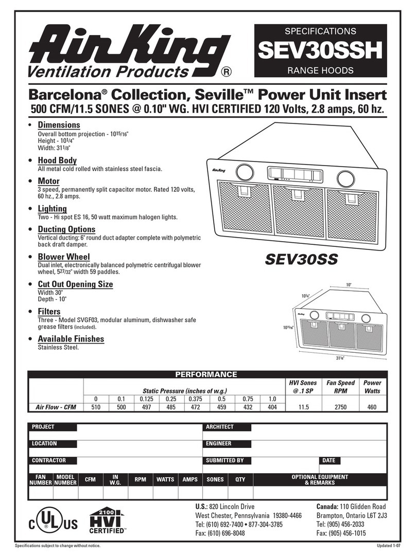 Air King Range Hood SEV30SSH Specifications